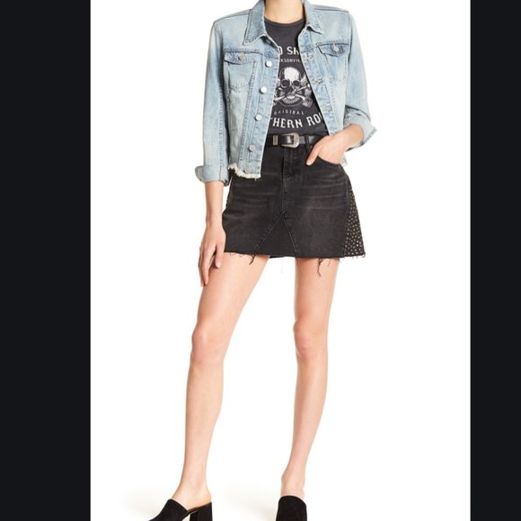 Blank NYC Stud Detail Frayed Black Denim Skirt